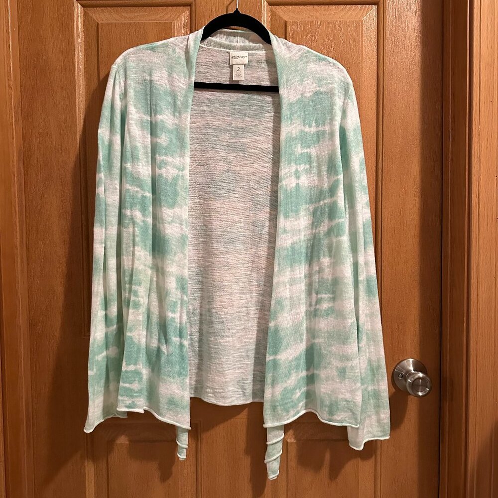 Zenergy by Chico's Size 2 Light Weight Green Tie-dye Cardigan with draping lapel